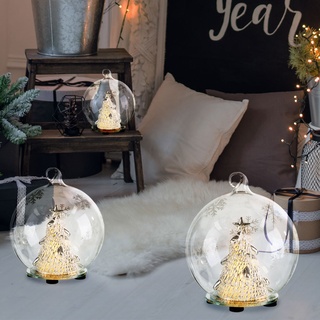 Tischleuchte Weihnachtsdeko LED Dekoleuchte Glaskugel, Christbaumkugel, mit Tannenbaum und Schneeflocken, 3er Set