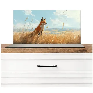 KitchenYeah Küchenrückwand Fuchs - Gras - Wolken - Orange, (1-tlg), Rückwand Küche, Wandschutz, Deko, 70x30 cm 70 cm x 30 cm