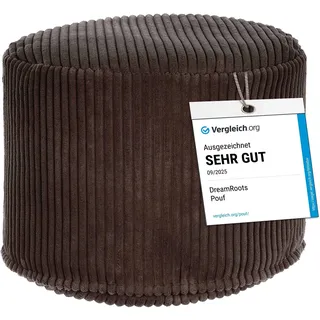 DreamRoots Runder Cord Pouf Hocker 380 g/m2 als Bequemer Bodenstuhl und Vielseitiges Sitzkissen Boden für Wohnzimmer Schlafzimmer oder Homeoffice 35x35x25 cm Dark Chocolate