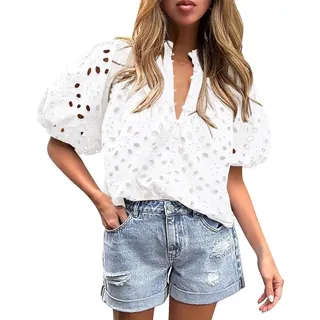 Berrynight Damen-Sommer-Top, elegant, lässig, kurze Laternenärmel, Knöpfe, hohl, Spitze, bestickt, Blusen mit V-Ausschnitt, weiß, M - M