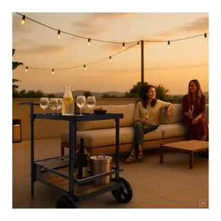 ABC home Servierwagen WPC & Aluminium – Wetterfester Grillwagen mit Flaschenhalter – Garten-Beistelltisch mit großen Gummirädern – Mobiler Barwagen 80 cm H
