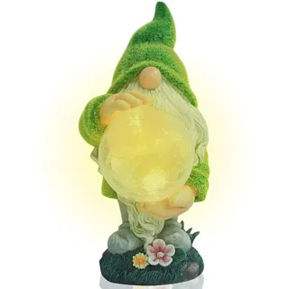 TIN DREAMS FACTORY | Sehend Gartenzwerg mit Solarlicht – Dekorative Gartenfigur aus Harz – Zwerg mit Leuchtkugel LED – Origineller Schmuck für Garten, Terrasse und Patio
