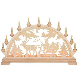 Kunstgewebe Taulin Schwibbogen Taulin Lichterbogen Motiv Nikolaus mit Schlitten, Handarbeit aus dem Erzgebirge beige