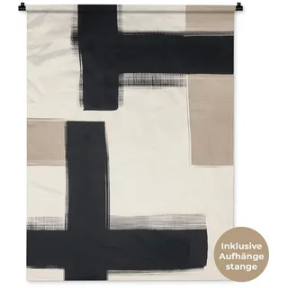 MuchoWow Wandteppich Schwarz - Abstrakt - Japanisch, Rechteckig, Höhe: 3 mm, Wanddeko Teppich Wohnzimmer, Schlafzimmer, 90x120 cm beige|schwarz Rechteckig | 90 cm x 120 cm x 3 mm