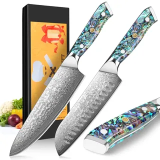 BILLION DUO Damast Messerset, Küchenmesser Set 2-tlg, 67 Schichten Damaststahl Kochmesser, Profi Chefmesser Santokumesser mit Kunstharz Handgriff mit Perlmuttplatten