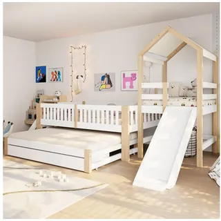 MODFU Kinderbett Hausbett mit Zusatzbett 90x190 cm, Holzbett (90x200 cm, mit Rutsche, Aufstiegstreppe, integrierten Schubladen und gemütlichem Stoffdach, Gästebett), ohne Matratze
