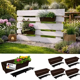 BURI 6 Euro-Paletten Blumenkästen-Einsätze inkl. Bewässerungsmatte | mit Hängesystem zum Einhängen | 37,3cm Braun | Pflanzkasten für Europalette Palette | Balkonkasten | Blumentopf | extrem stabil