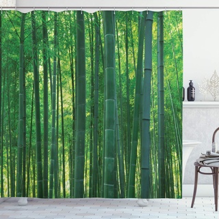 ABAKUHAUS asiatisch Duschvorhang, Grüner Wilde Exotische Bambus, Stoffliches Gewebe Badezimmerdekorationsset mit Haken, 175 x 180 cm, Grün