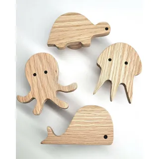 PLT 4 Stück Tierische Griffe für Kindermöbel aus unbehandeltem Eichenholz, Knauf, Knopf für Kommode, Schrank, Schublade, Tür, Kinderzimmer, Geschenk (4, Krake, Wal, Qualle, Schildkröte)