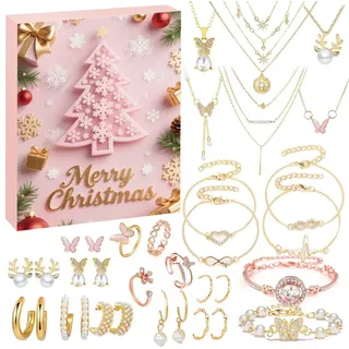 Flintry Schmuck-Adventskalender Weihnachtskalender Frauen,24 Überraschungen Armband Halskette Ohrringe, Damen Schmuck Set,Weihnachtsgeschenke für Frauen Mädchen Teenager rosa