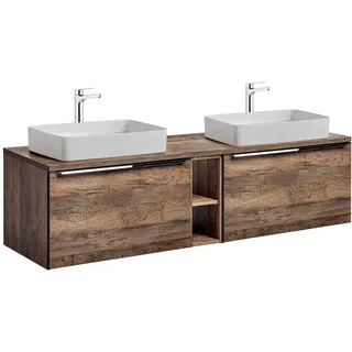 Lomadox Badezimermöbel Doppel Waschtisch Unterschrank Set 180cm, Vintage Oak Eiche Nb, 2 Keramik-Aufsatz Waschbecken, 4 Softclose-Schubkästen, Regal