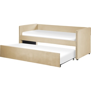 Beliani, Bett, Tagesbett ausziehbar Samtstoff beige Lattenrost 90 x 200 cm TROYES (90 x 200 cm)
