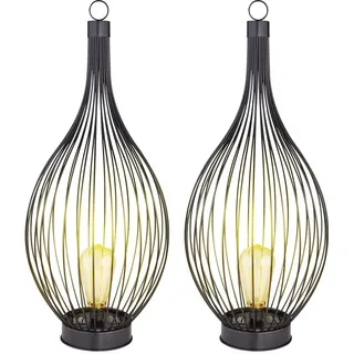 Solarlampe schwarz Außenleuchte modern Terrassenlampe Balkonlampe Gartendeko, Käfig-Design Metallstäbe Akku wetterfest, 1x LED warmweiß, DxH 25x57 cm, 2er Set