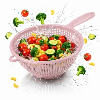 Stielsieb Kunststoff Stielseiher Nudelsieb mit Griff Küchensieb Abtropfsieb Sieb Plastik Handsieb Seiher Blanchiersieb Küchenhelfer Abseiher Salatsieb Passiersieb Spitzsieb stapelbar 35 cm rosa
