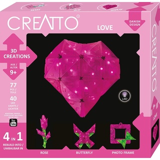 Kosmos 3493 CREATTO Love 3D-Leuchtfiguren entwerfen, 3D-Puzzle-Set für Herz, Rose, Schmetterling oder Bilderrahmen, gestalte kreative Zimmer Deko, 77 Steckteile, 40-TLG. LED-Lichterkette