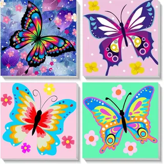 4 Stück Schmetterling Malen Nach Zahlen ab 5 6 7 Jahre Mädchen mit Rahmen, Schmetterlinge Malen Nach Zahlen für Kinder ab 7 Jahren Acrylfarben mit als Geschenk, Mittel 20x20 cm (Schöne Schmetterling)