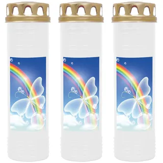 HS Candle Grabkerze - 3er Pack - (Weiß) Grablicht ca. 7 Tage Brenndauer je Kerze - Motiv: Regenbogen 2