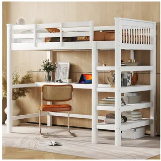 STILVORA Hochbett 90x200 mit matratze und schreibtisch,Kinderbett mit Ablagefächern (Gästebett Jugendbett Holzbett mit Ablagefächern und Unterbettschreibtisch, 90 x 200 cm) mit Matratze