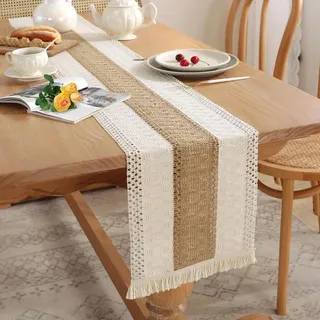 Makramee Tischläufer Beige mit Quasten 240x30 cm Boho Hochzeit Party Esstisch Deko - Beige