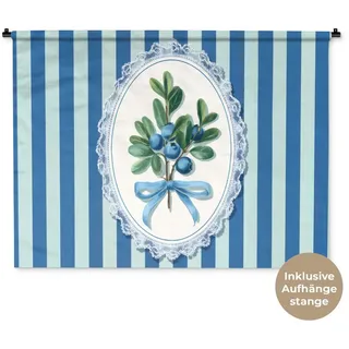 MuchoWow Wandteppich Illustration - Beeren - Blau - Streifen, Rechteckig, Höhe: 3 mm, Wanddeko Teppich Wohnzimmer, Schlafzimmer, 120x90 cm Rechteckig | 120 cm x 90 cm x 3 mm