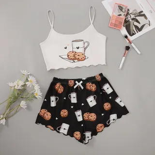 Wxbc Damen Nachtwäsche Niedlicher Cartoon-Print Short Set Pyjamas für Damen Pyjama Set Süße Kurzarm Shorts mit V-Ausschnitt Sommer Pijama-17,S