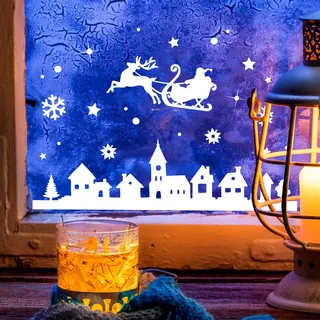 Fensterbild Weihnachtsmann an Weihnachten Winter Fensterdeko 40x22cm Fensterbilder Winterlandschaft + Sterne & Schneeflocken M2263 ilka parey wandtattoo-welt®