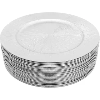 Platzteller Set, Teller Hochzeit, Tischdeko Platzteller Fest 50 Stück, 33cm, Modern, Hochwertiges PP, Stapelbar, Leicht, Wiederverwendbar, Glänzendes Design für Party Bankett Restaurant (Silber)