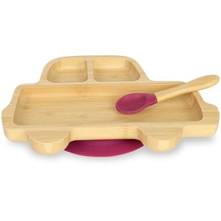 GREENBOX Bambus-Teller-Set Auto I Saugnapf-Teller mit Löffel - FSC-zertifiziert I süßes Bambus Holz-Schüssel-Set Kleinkind - Kinder-Teller & Snack-Schale I Baby Bambus-Geschirr Rot