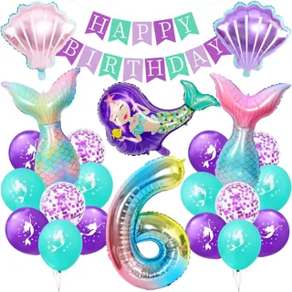 Meerjungfrau Luftballon, Meerjungfrau Geburtstag Deko 6 Jahre,Kindergeburtstag Luftballon Mädchen,Meerjungfrauen Thema Party Set mit Folienballon,Happy Birthday Banner,Meerjungfrau Ballon
