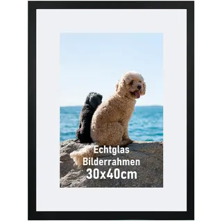kollyseek Bilderrahmen 30x40cm Echtglas mit Passepartout Holz Rahmen mdf Fotorahmen DIN A4 (21x30 cm) mit Bruchsicherem echtglas platten bilderrahmen Schwarz (schwarz, 30x40cm/echtglas)