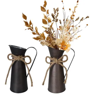 2 STÜCK Vintage DEKO VASEN AUS Eisen - Rustikale Kleine Vasen im Shabby Chic Stil (Grau & Braun) - 8x8,5x20 cm - Langlebige & Stabile Tischdeko Outdoor für Haus, Garten, Hochzeit & Büro