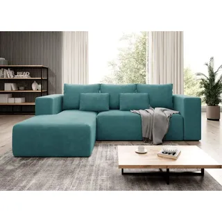 Easy4You Ecksofa Türkis Stripes L-Form in Kord – 255 cm - Schlafsofa mit Bettzeugbehälter und Schlaffunktion - Eckcouch mit Stauraum - Links ... - Türkis