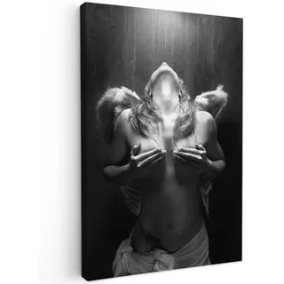 MuchoWow© Erotische Bilder Klein Mini Wohnzimmer Deko Modern Wandbild Foto | 20x30 cm - auf Leinwand Bild Schlafzimmer Room Decor Geschenke Erotik Frau - Engel - Federn - Porträt - Schwarz und Weiß