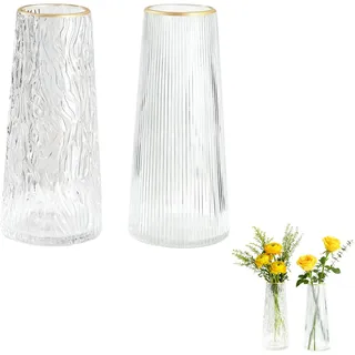 Große Vase, Blumen Vase - 2-TLG. Set, Goldrand Glasvase mit Vertikalen Streifen,Goldrand Glasvase mit Wasserwellenmuster, Dekorativ für Home,Wohnzimmer