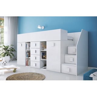 Feldmann-Wohnen Hochbett TOLEDO 3 (Etagenbett mit Schreibtisch + Kleiderschrank) Farbe wählbar - Treppe rechts weiß