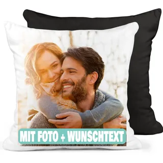Manevito Personalisiertes Kissen mit Foto & Text 40 x 40cm - Kissen mit Foto selbst gestalten - Fotokissen mit Druck und Wunschtext weiß-schwarz