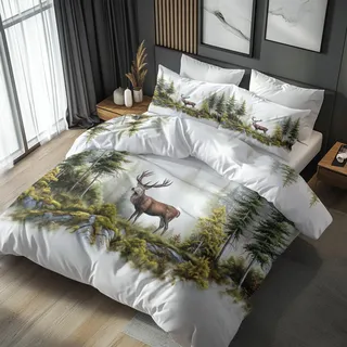 Generisch Bettwäsche 140x200 Grün Wald Hirsch - Schlafzimmer Deko Bettbezug 140 x 200 2tlg Wald Jagd Wildtiere Muster, 1 Kissenbezug 70x90, mit Reißverschluss, Weich Mikrofaser JD#185