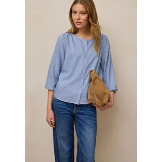 Carmenbluse STREET ONE STUDIO, Damen, Gr. 46, original blau, Stoff, 65% Polyester, 35% Viskose, gestreift, normal normal, Rundhals, elastischer Bund, Blusen, im Seersucker-Style mit Streifen