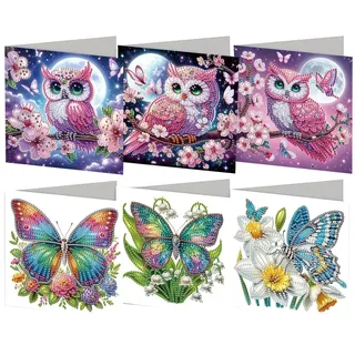 Generisch 6 Stücke Diamond Painting Weihnachtskarten,Diamant Malerei Grußkarten mit umschlag set,postkarten,Geschenk für Freunde Familie und Lehrer, Urlaub Party Gefälligkeiten-Eule Schmetterling