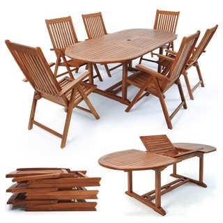 Deuba Sitzgruppe, FSC®-zertifiziertes Eukalyptusholz witterungsbeständig klappbar 7-tlg Tisch 6 Stühle Sitzgarnitur Holz Gartenmöbel Garten Set braun