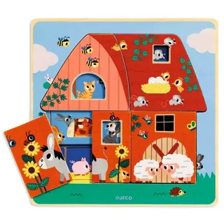 DJECO Puzzle 3 Schichten Puzzle Chez Moo Holzpuzzle, 12 Puzzleteile