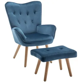 luxuskollektion Ohrensessel Samt 72 x 71 x 70 cm Blau mit Hocker