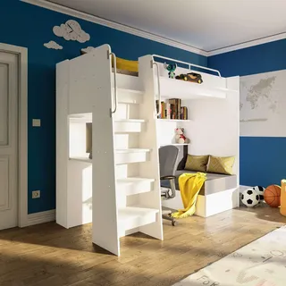 Marlux-Meble Hochbett JSM-7 90x200 TREPPE Links mit Schreibtisch Schränke und Ausklappbares Sofa 70x180 Matt Funktionsbett Etagenbett Stockbett Kinderhochbett Jugendhochbett (Weiß Matt)
