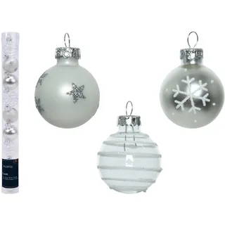 Decoris Weihnachtskugeln Glas 3cm x 9 Stück Sterne Schneeflocken Streifen Glitzer Muster Silber Mix