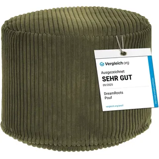DreamRoots Runder Cord Pouf Hocker 380 g/m2 als Bequemer Bodenstuhl und Vielseitiges Sitzkissen Boden für Wohnzimmer Schlafzimmer oder Homeoffice 35x35x25 cm Dark Olive