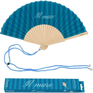 Fisura – Originaler Fächer mit Message „Il mare“. Moderner bunter Handfächer aus Holz in Blau, mit Trageschlaufe, lustige Geschenkidee für Strand und Sommer, 42,5 x 23 cm