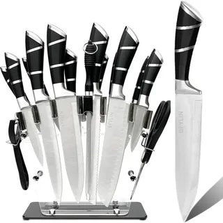 BFYLIN Messerblock Messer set, 16 Teiliges Küchenmesser set, Messer block set,Santokumesser Kochmesser Brotmesser Schälmesser Steakmesser ,Schäler, Küchenschere, Anspitzer Mit Acryl Messerhalter