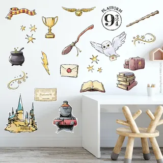 Wandtattoos von Harry Potter - Aquarell Icons Set Wandtattoo Zaubererwelt Kunst (90cm Breite x 45cm Höhe)