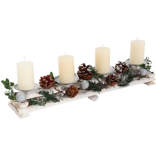 Adventsgesteck HWC-M12 mit Kerzenhaltern, Adventskranz Weihnachtsdeko Holz Silber weiß 18x49x13cm - mit Kerzen