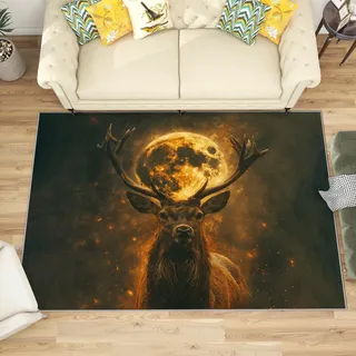 Teppich Hirschmotiv - Teppich Wohnzimmer Schlafzimmer Hirsch, Kleiner Teppich REH, Weich Kurzflor & Waschbar & rutschfest Fussmatte Innen, Kinderteppich 60x90 cm